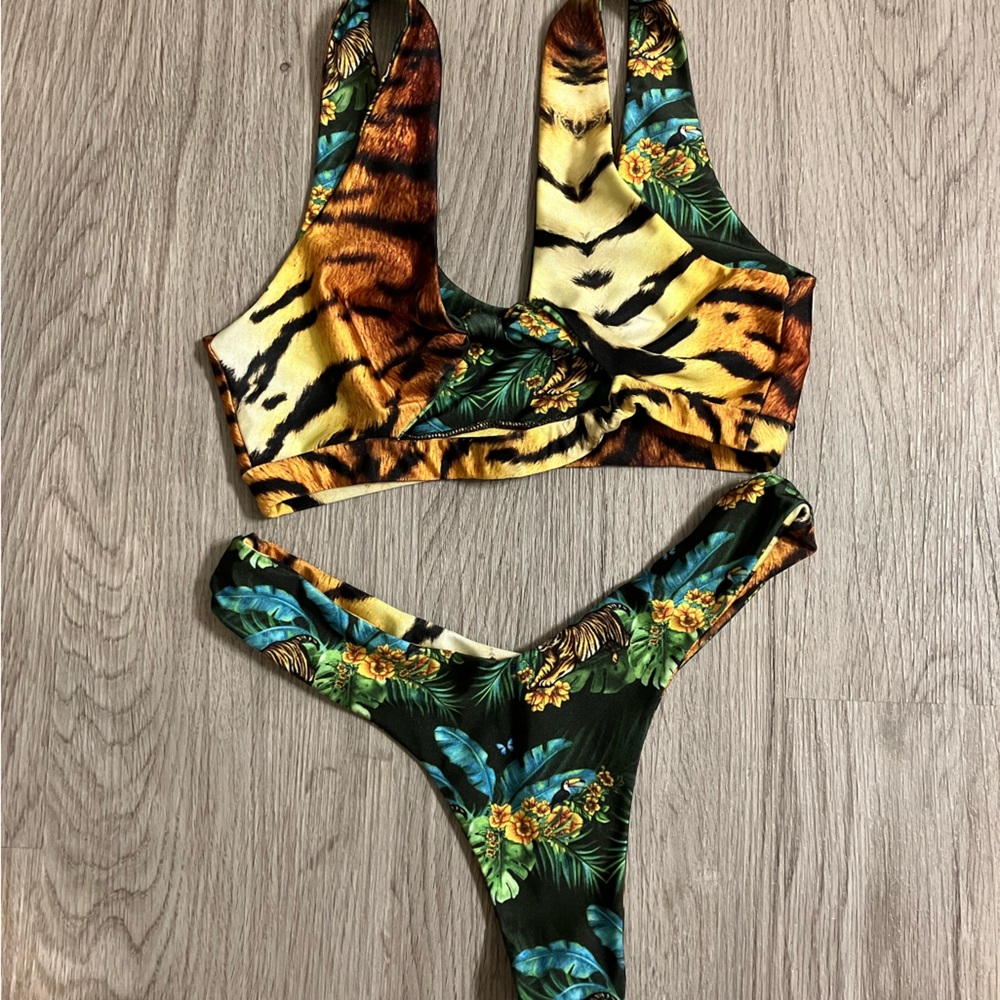 Tropical Tiger Print High-Waist Bikini Set - Yellow/Green